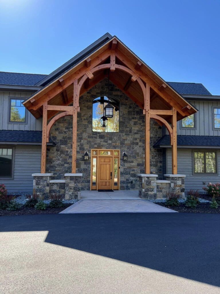 Front porch of unique newly built home in Minocqua, Wisconsin