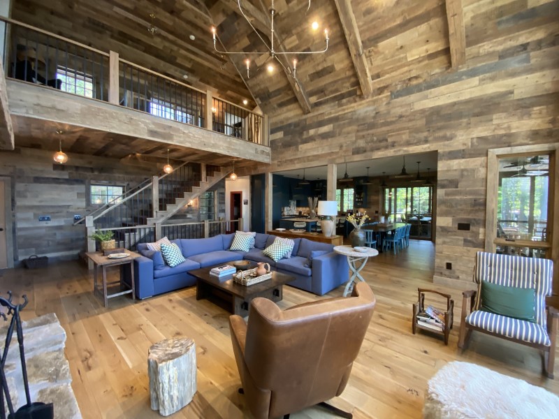 Large open space living room with beautiful chandelier