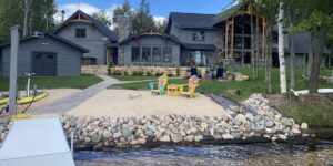 Patio with rocks and stream running through it